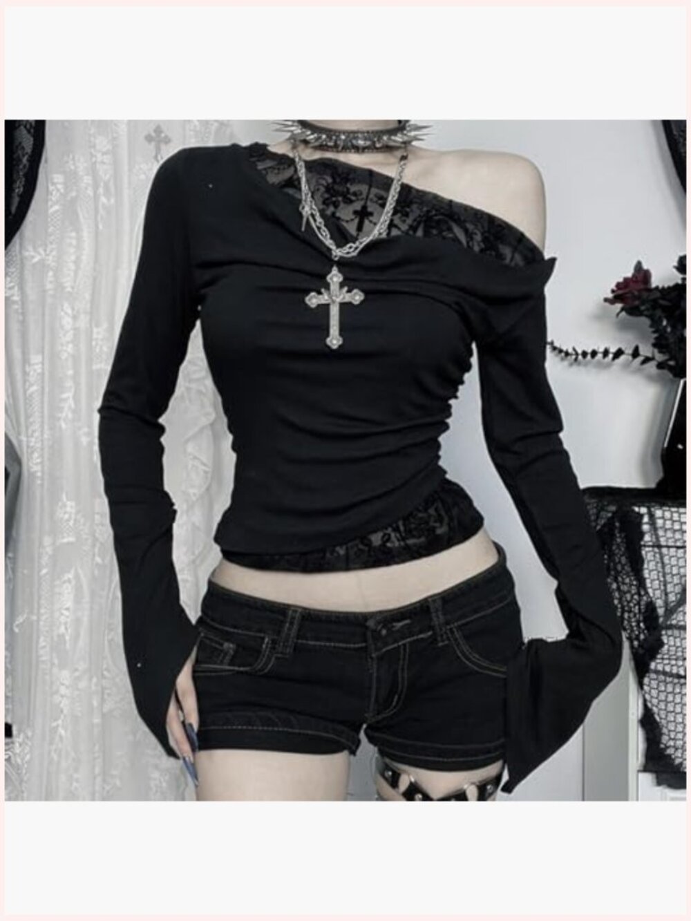 Off Shoulder Goth Crop Top Mesh Patchwork Long Sleeve Blouses Y2k Outfits - Picture 5 of 6